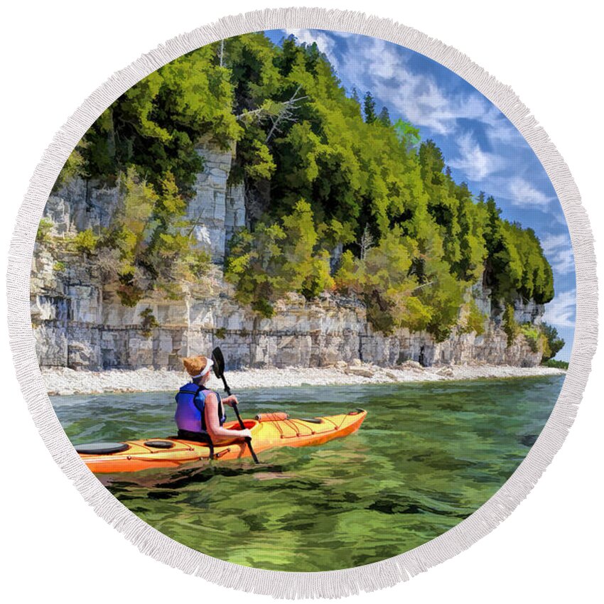 Door County Round Beach Towel featuring the painting Door County Kayaking Around Rock Island State Park by Christopher Arndt