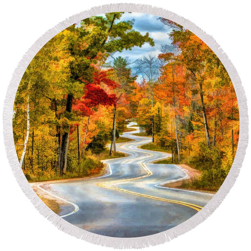 Door County Round Beach Towel featuring the painting Door County Road to Northport in Autumn by Christopher Arndt