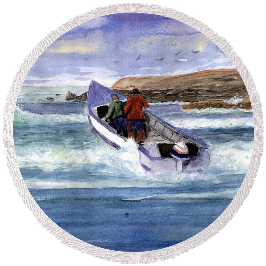 Pacific City Round Beach Towel featuring the painting Dory Boat Heading To Sea by Chriss Pagani