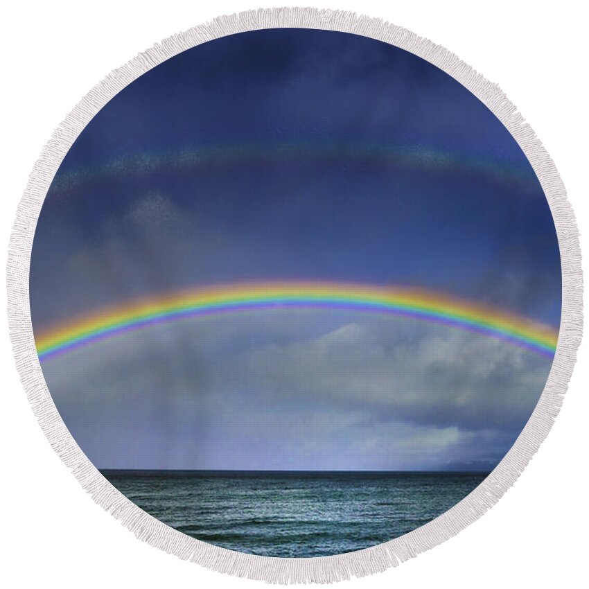 Double Rainbow Over Lake Tahoe Round Beach Towel featuring the photograph Double Rainbow Over Lake Tahoe by Mitch Shindelbower
