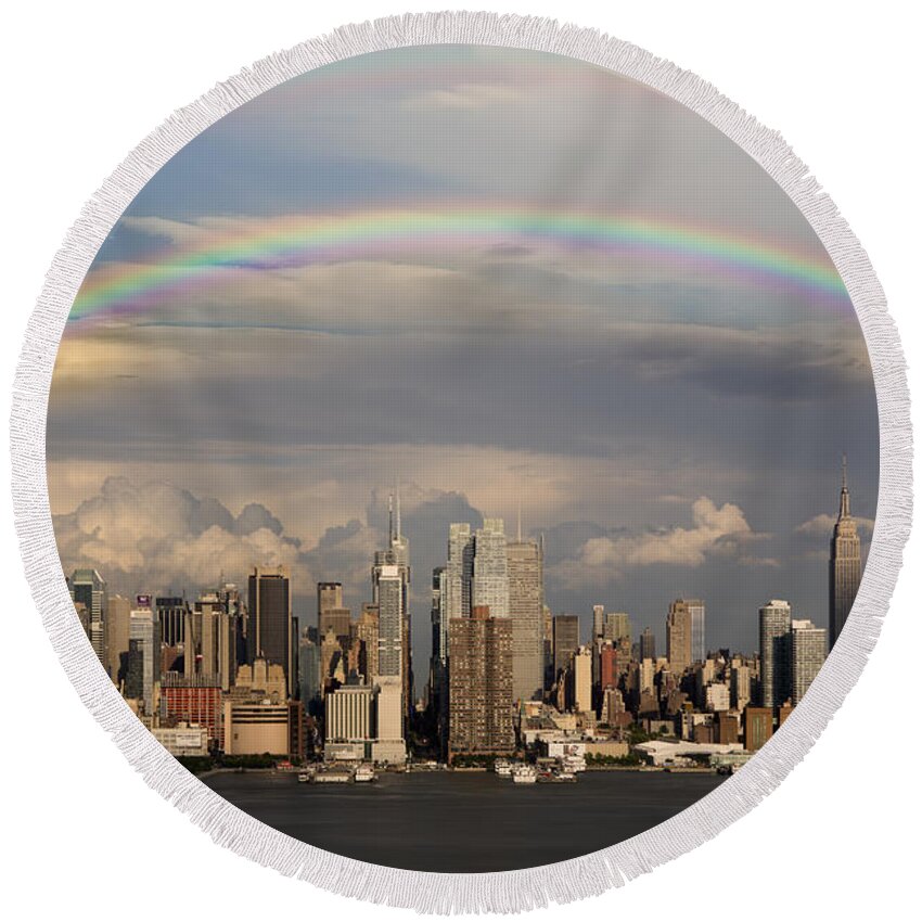 New York City Skyline Round Beach Towel featuring the photograph Double Rainbow Over NYC by Susan Candelario