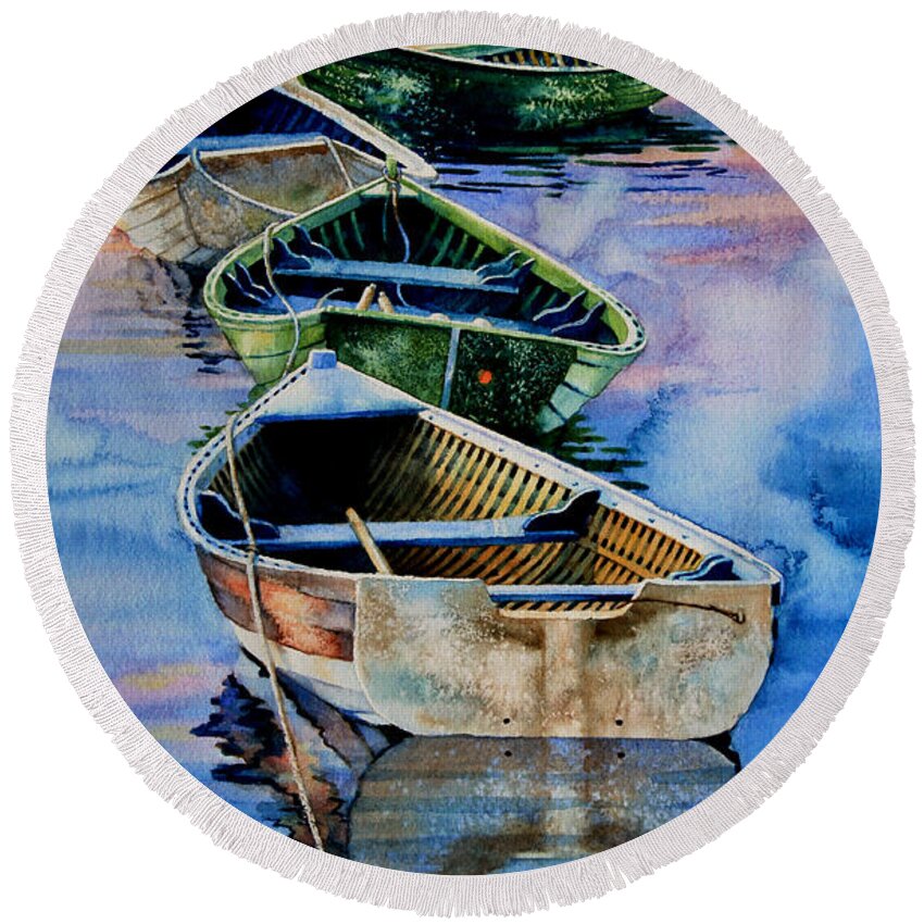 Dory Round Beach Towel featuring the painting Down East Dories At Dawn by Hanne Lore Koehler