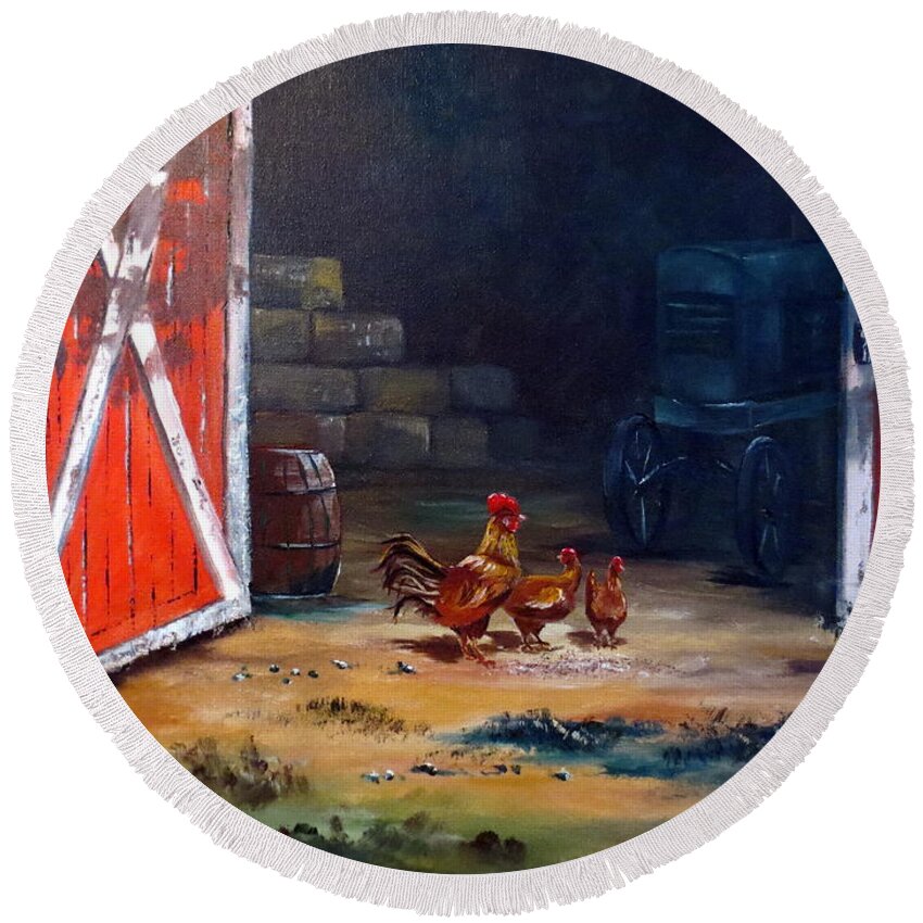 Chickens Round Beach Towel featuring the painting Down On The Farm by Lee Piper