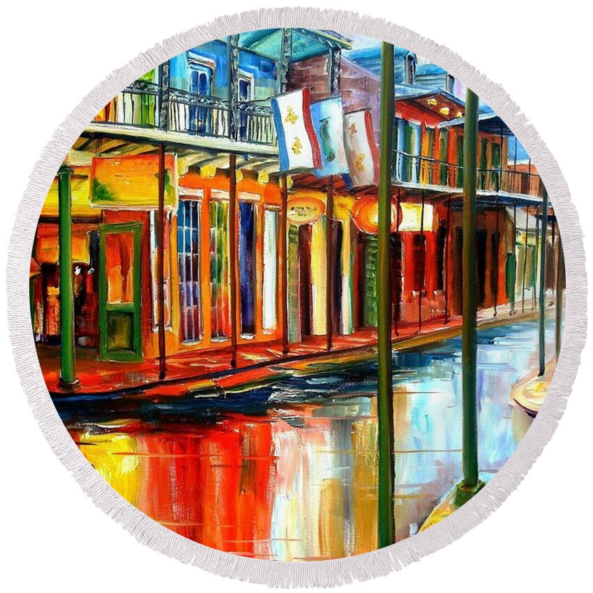 New Orleans Round Beach Towel featuring the painting Downpour on Bourbon Street by Diane Millsap