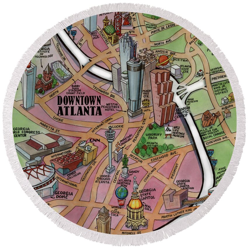 Downtown Round Beach Towel featuring the digital art Downtown Atlanta Georgia Cartoon Map by Kevin Middleton