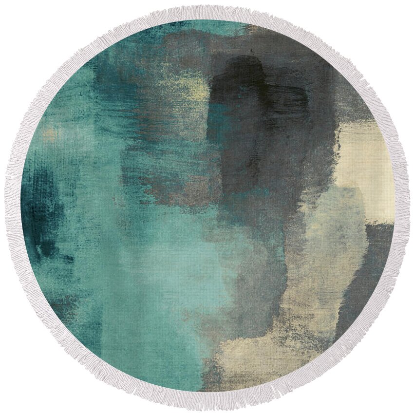Abstract Round Beach Towel featuring the digital art Downtown Blue Rain I by Lanie Loreth