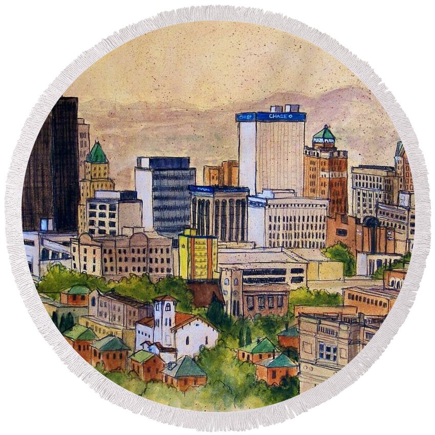 El Paso Round Beach Towel featuring the painting Downtown from Rim Road by Candy Mayer