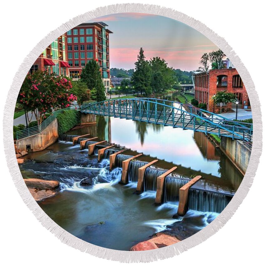 Downtown Greenville Round Beach Towel featuring the photograph Downtown Greenville on the River by Carol Montoya