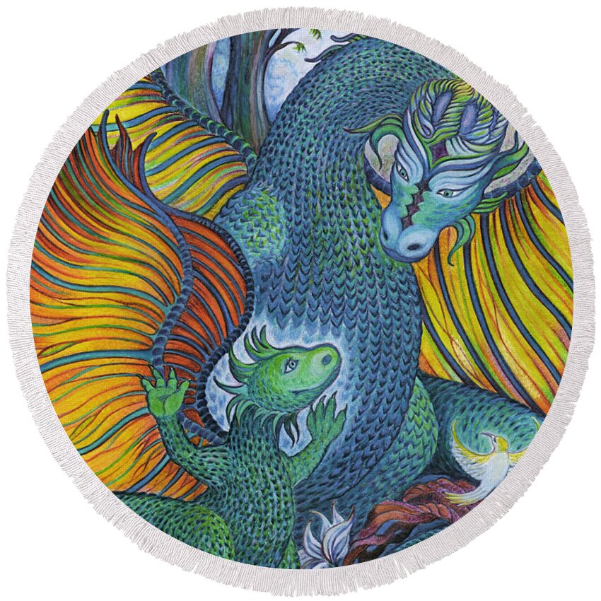 Dragon Round Beach Towel featuring the drawing Dragon Heart by Debra Hitchcock