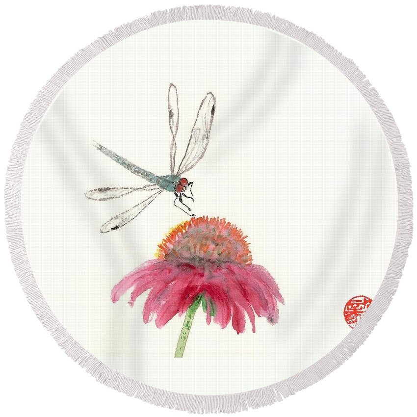 Bright Round Beach Towel featuring the painting Dragonfly Flower by Terri Harris