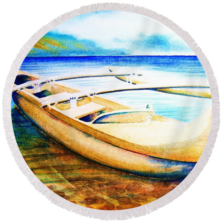 Ocean Round Beach Towel featuring the painting Dreams of Polynesia by Frances Ku