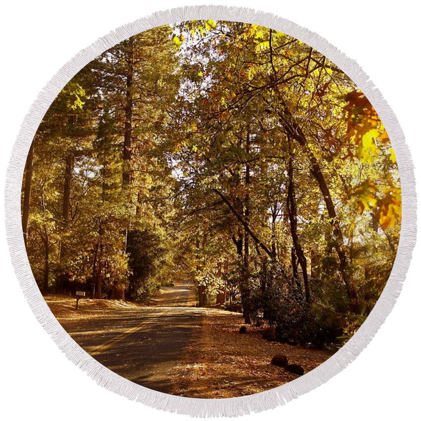 Country Lane Round Beach Towel featuring the photograph Dreamy Autumn Lane by Michele Myers