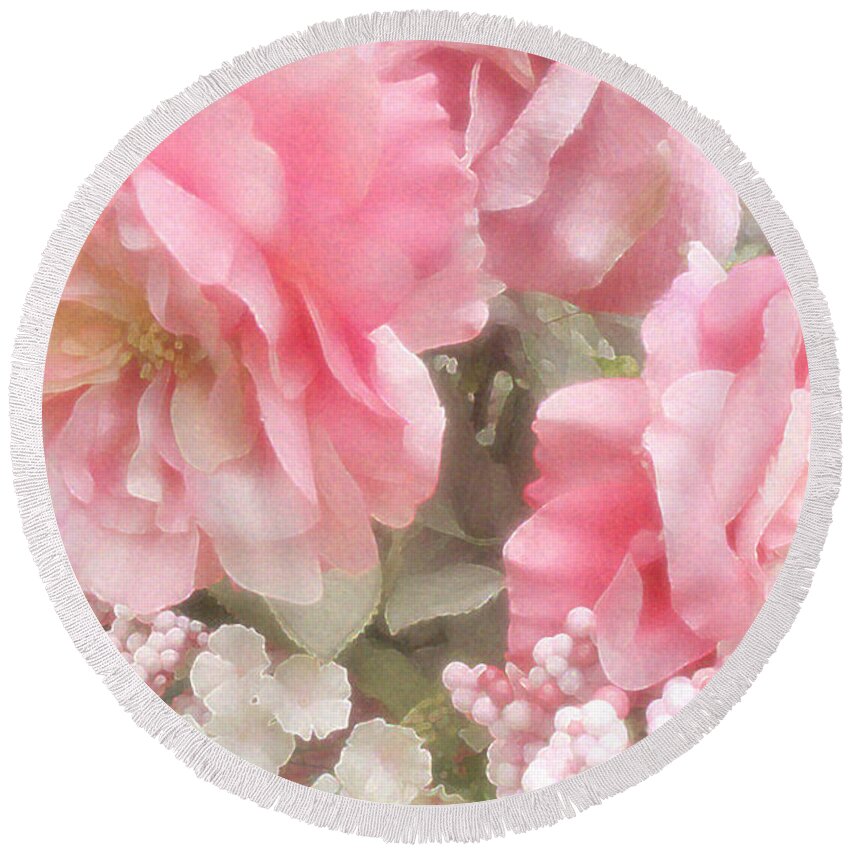 Peonies Round Beach Towel featuring the photograph Dreamy Pink Roses, Shabby Chic Pink Roses - Romantic Roses Peonies Floral Decor by Kathy Fornal