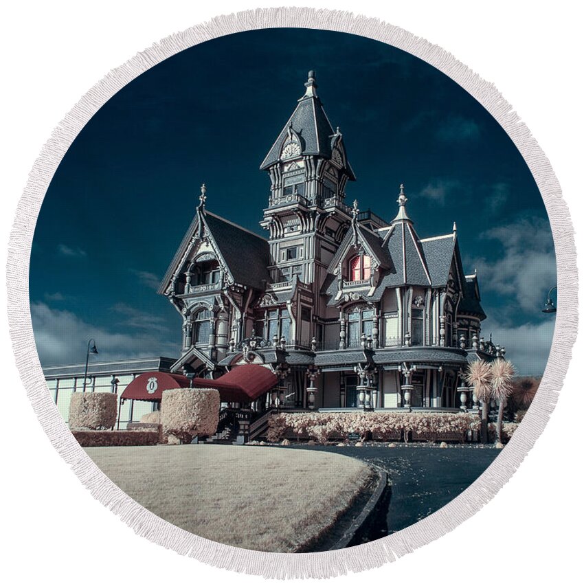 Infrared Round Beach Towel featuring the photograph Driveway to Carson Mansion by Greg Nyquist