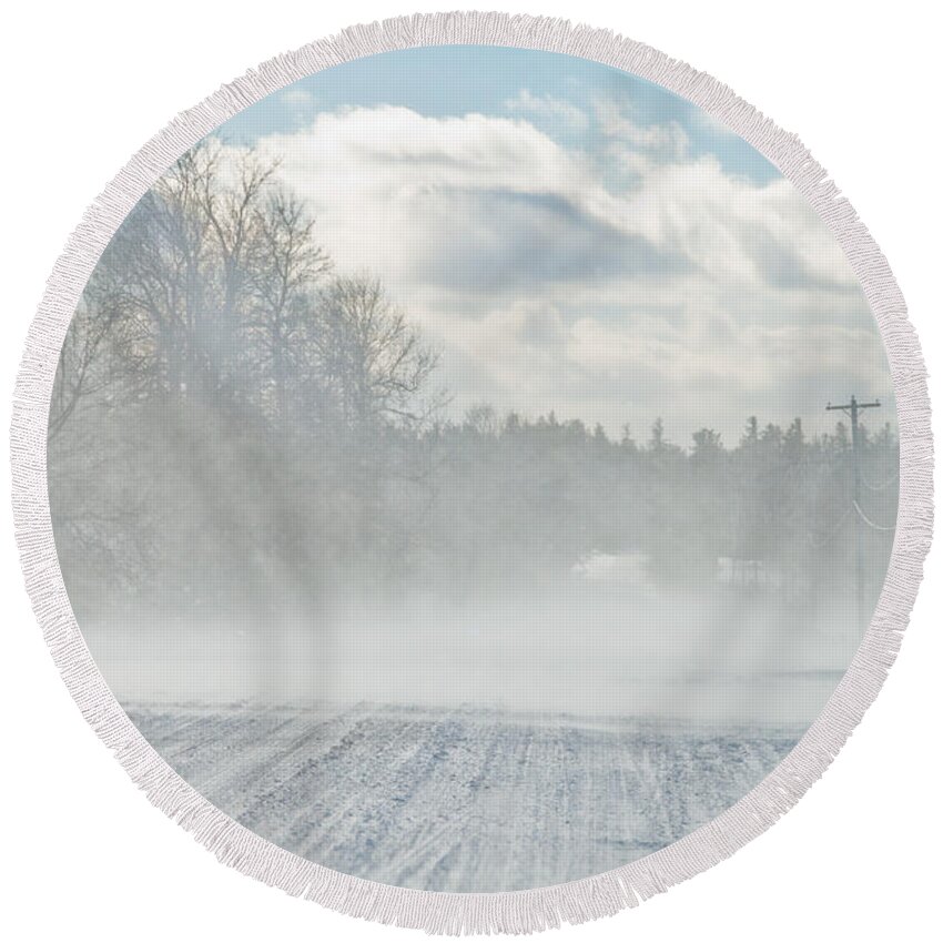 Landscapes Round Beach Towel featuring the photograph Driving in the snow by Cheryl Baxter