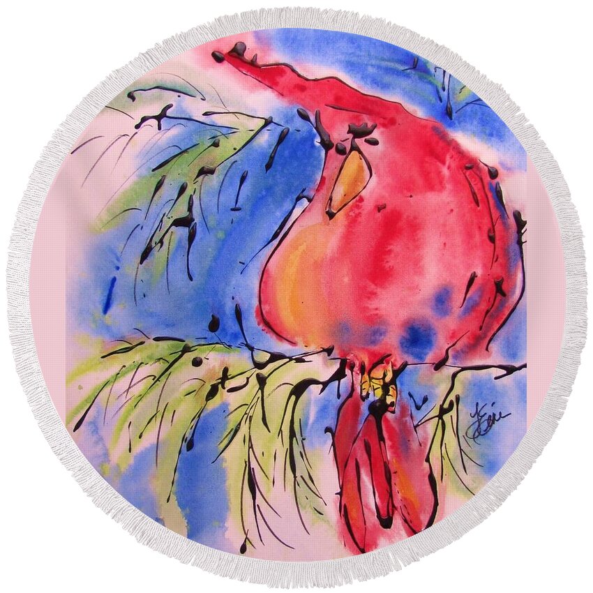 Cardinal Round Beach Towel featuring the painting Drizzle Cardinal by Terri Einer