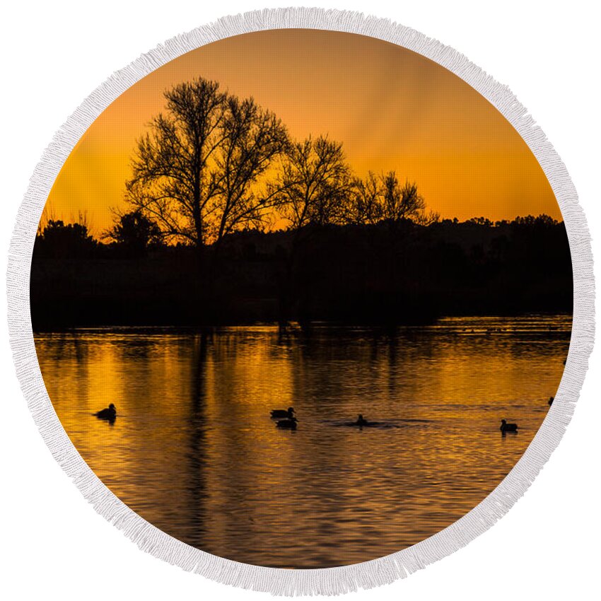 Ducks At Sunrise Photography Prints Round Beach Towel featuring the photograph Ducks at Sunrise on Golden Lake Nature Fine Photography Print by Jerry Cowart
