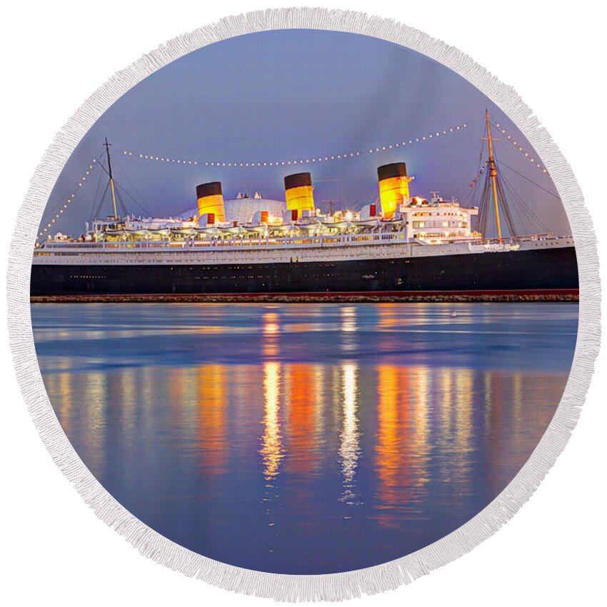 Atmosphere Round Beach Towel featuring the photograph Dusk Light On The Queen Mary by Heidi Smith