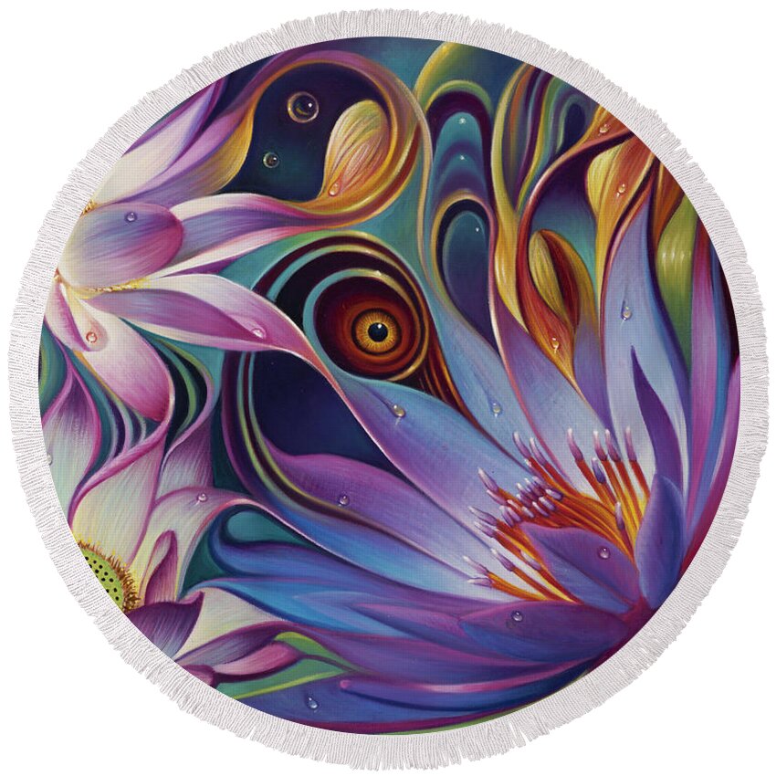 Lotus Round Beach Towel featuring the painting Dynamic Floral Fantasy by Ricardo Chavez-Mendez