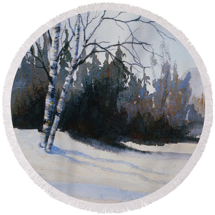 Early Birch Round Beach Towel featuring the painting Early Birch by Teresa Ascone