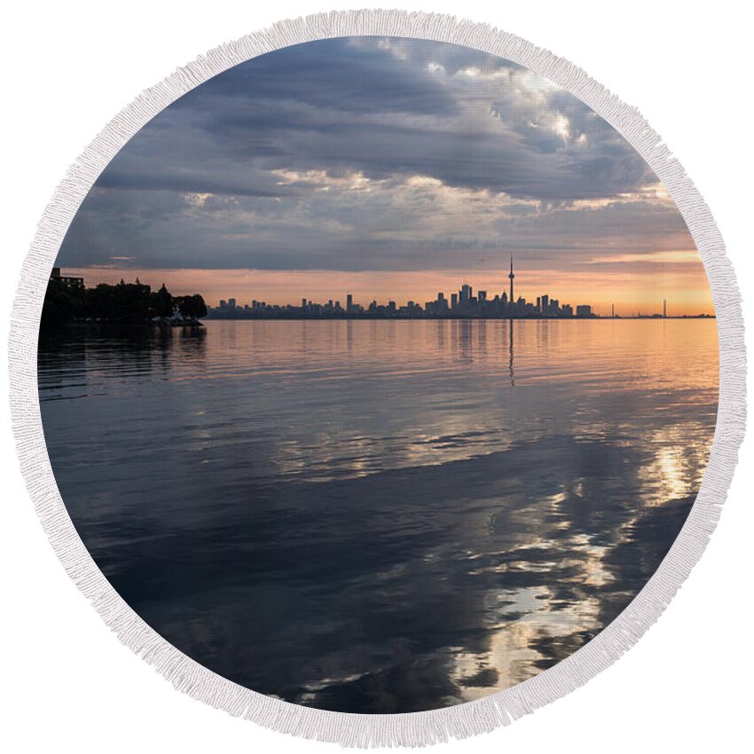 Toronto Round Beach Towel featuring the photograph Early Morning Reflections - Lake Ontario and Downtown Toronto Skyline by Georgia Mizuleva