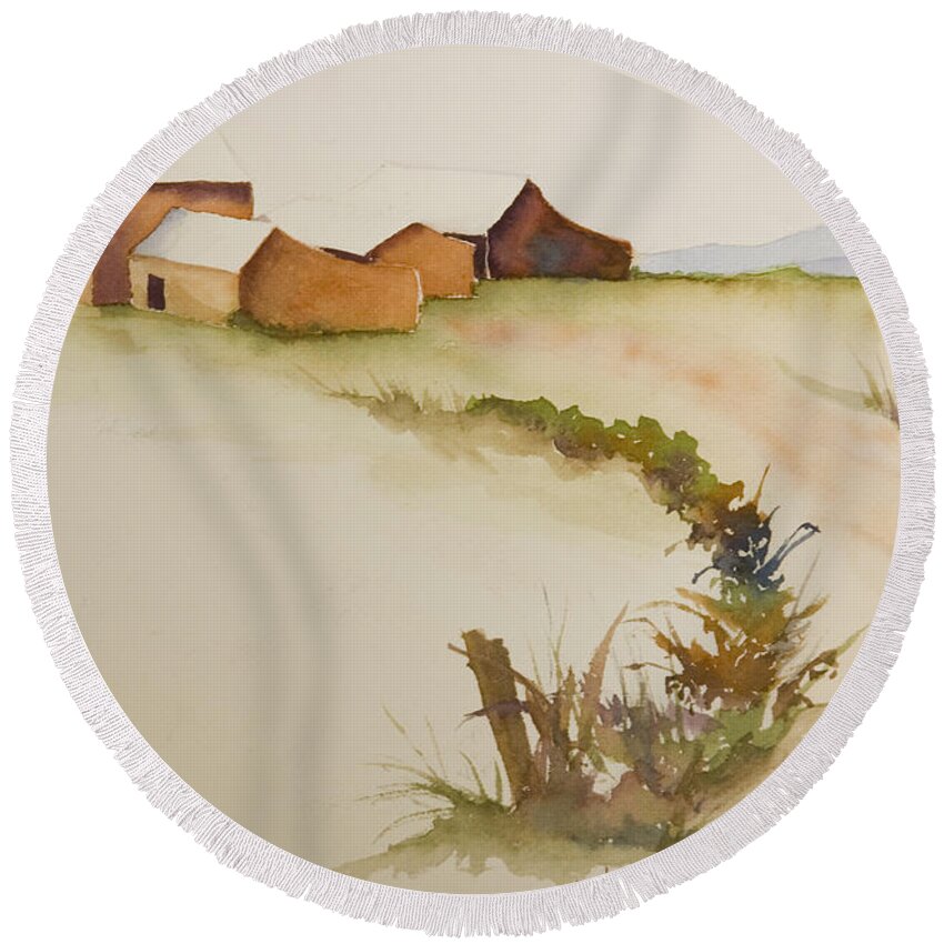Farm Landscape Autumn Pastoral Nature Farmland Barn Snow Antique Country Round Beach Towel featuring the painting Early Snow by Brenda Salamone