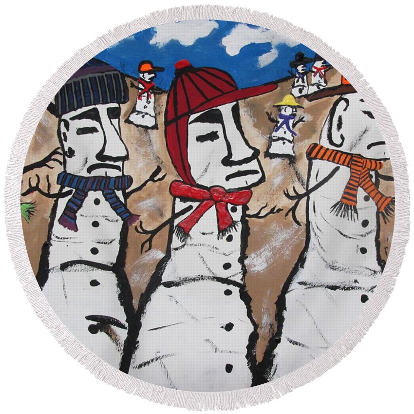  Round Beach Towel featuring the painting Easter Island Snow Men Painting by Jeffrey Koss