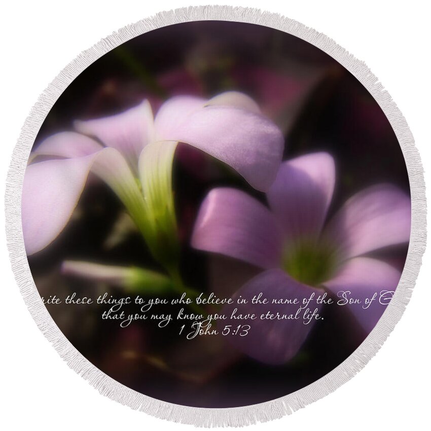 Easter Round Beach Towel featuring the photograph Easter Scripture Greeting Card - Pink Oxalis by Carol Senske