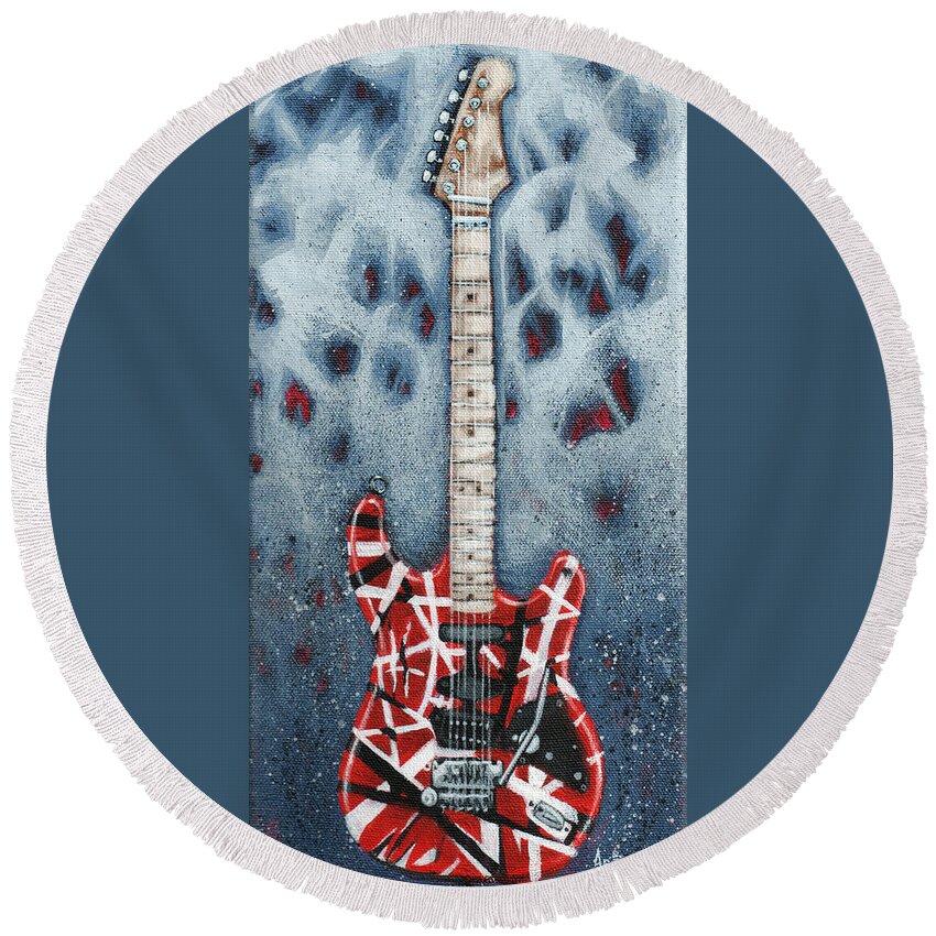 Guitar Round Beach Towel featuring the painting Eddie's Frankenstrat by Arturo Vilmenay