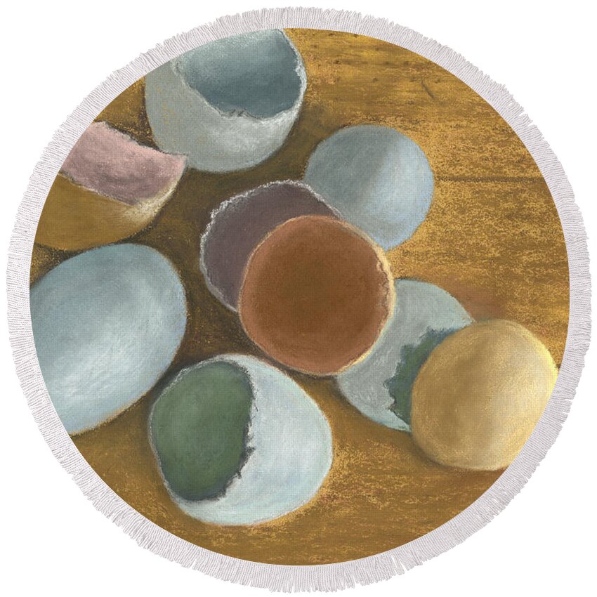 Aracanas Round Beach Towel featuring the pastel Egg Study by Ginny Neece