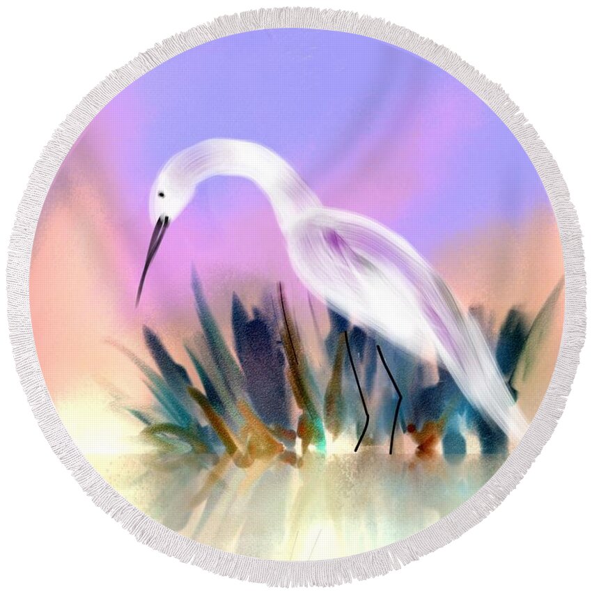 Egret Searching Round Beach Towel featuring the digital art Egret Searching by Frank Bright