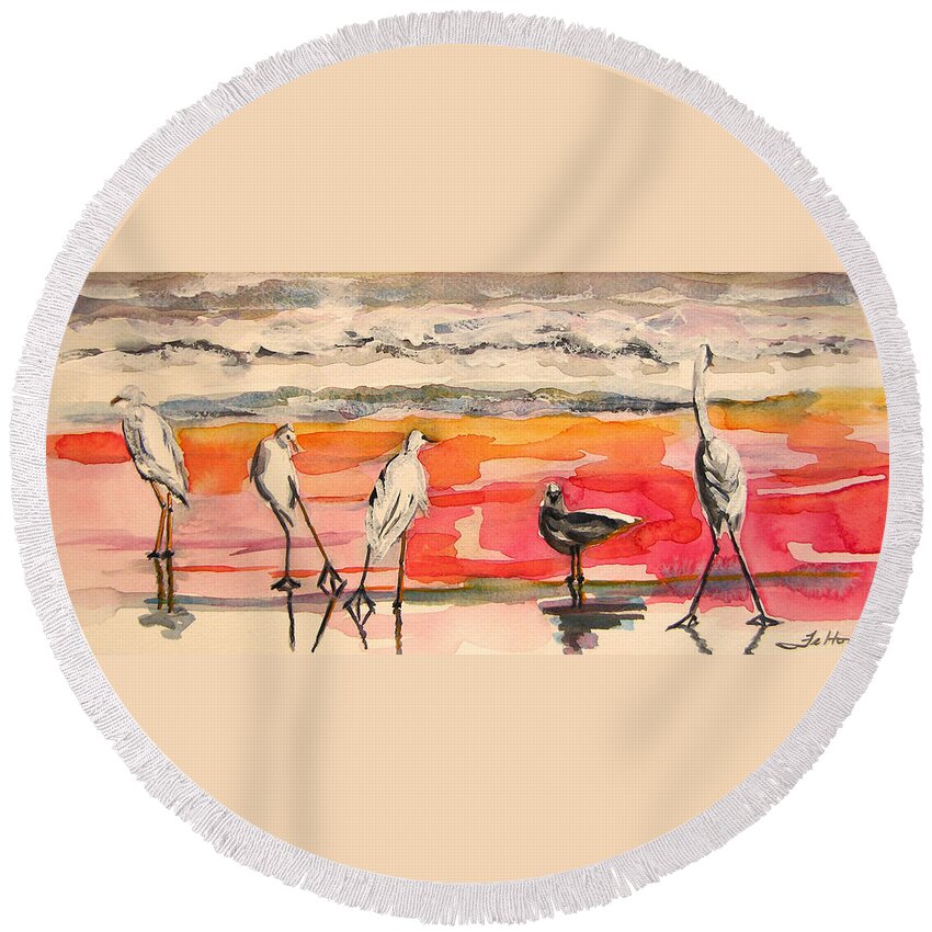 Watercolors Round Beach Towel featuring the painting Egrets And Sea Gull At Sunrise 11-5-14 by Julianne Felton