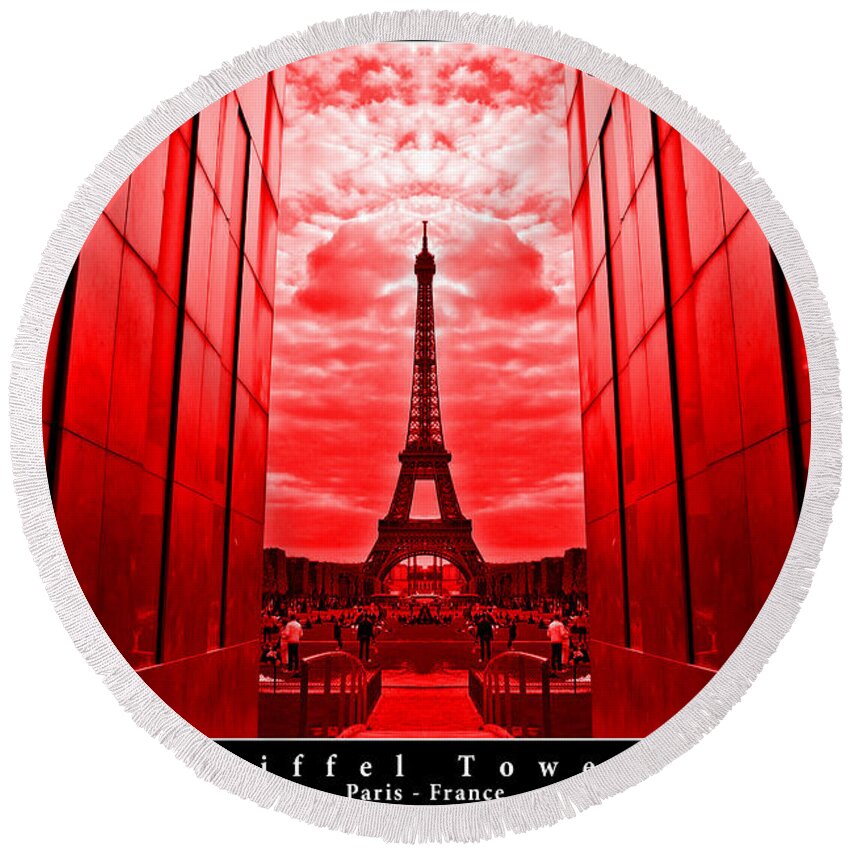 Above Round Beach Towel featuring the photograph Eiffel Tower in red by Dany Lison