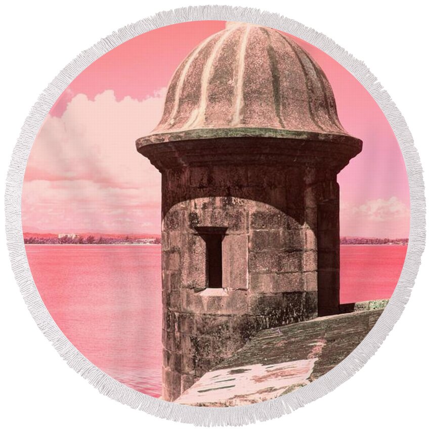 El Morro Round Beach Towel featuring the photograph El Morro in the Pink by Alice Terrill