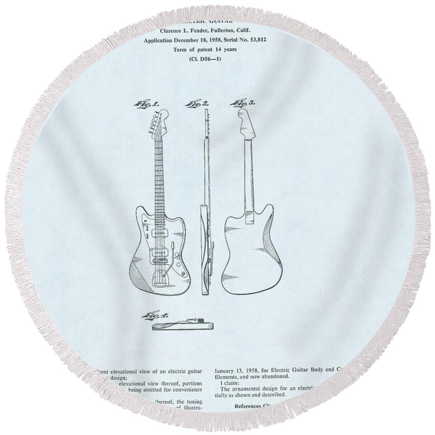 Electric Round Beach Towel featuring the drawing Electric Guitar Patent Drawing on blue background by Steve Kearns