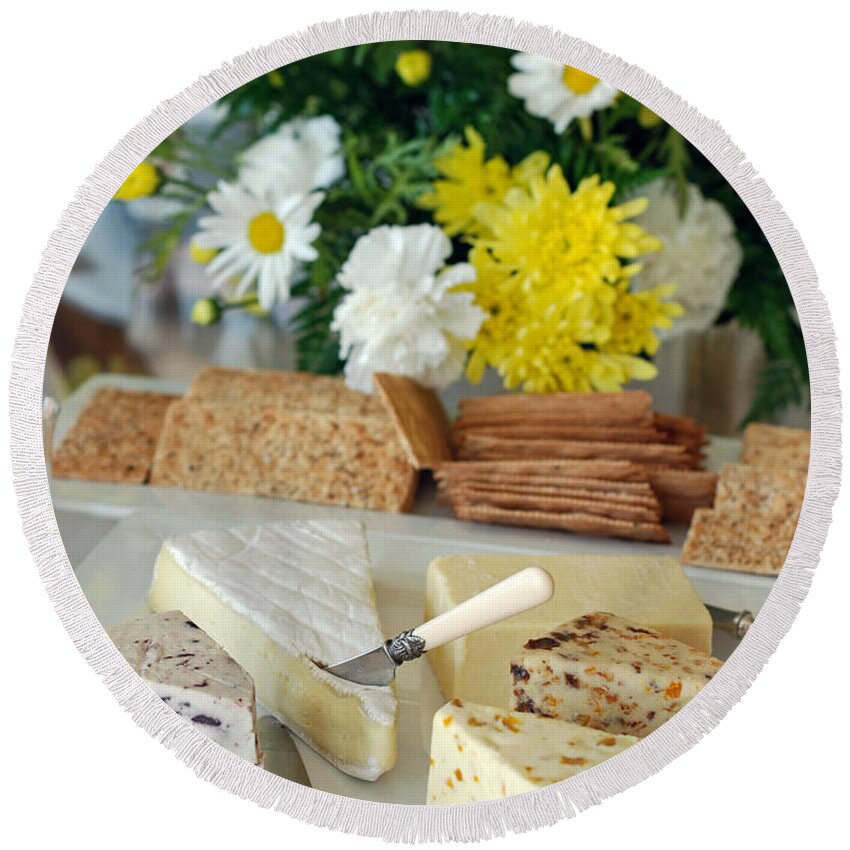 Cheese And Crackers Round Beach Towel featuring the photograph Elegant Cheese Buffet by Connie Fox