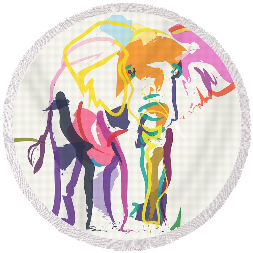 Elephant Round Beach Towel featuring the painting Elephant in color ecru by Go Van Kampen