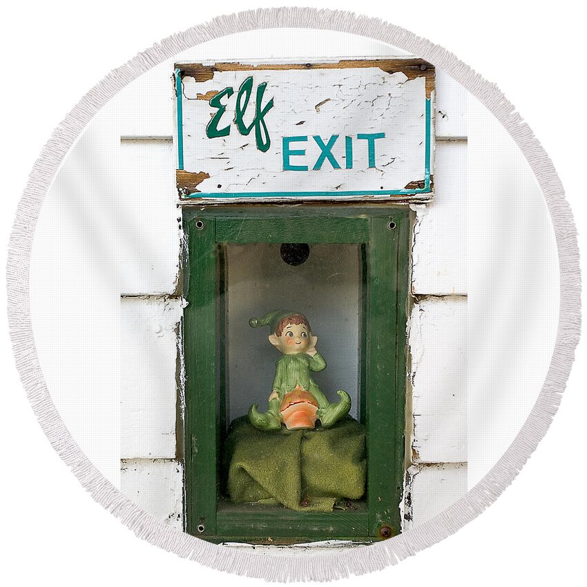 Humor Round Beach Towel featuring the photograph elf exit, Dubuque, Iowa by Steven Ralser