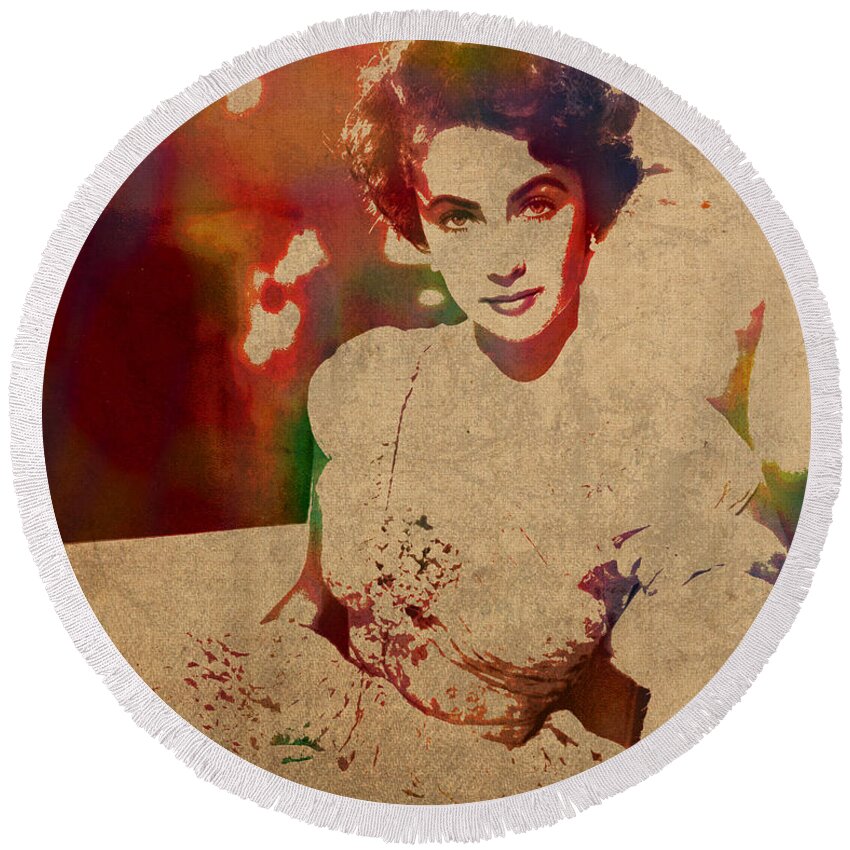 Elizabeth Taylor Round Beach Towel featuring the mixed media Elizabeth Taylor Watercolor Portrait on Worn Distressed Canvas by Design Turnpike