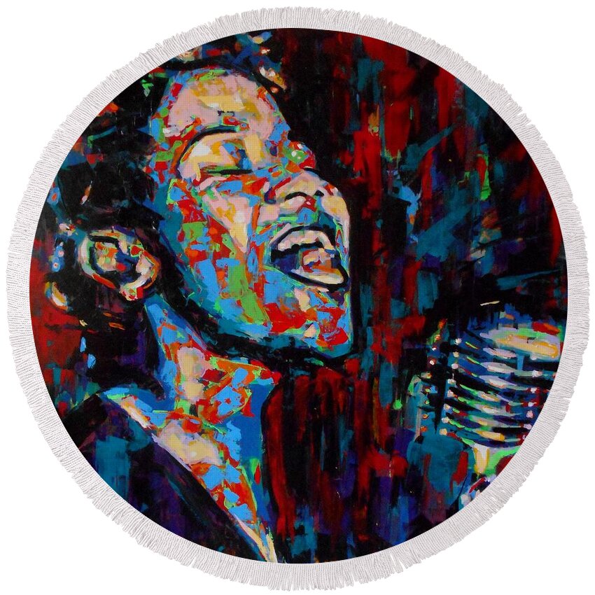 Art Round Beach Towel featuring the painting Ella Fitzgerald by Angie Wright