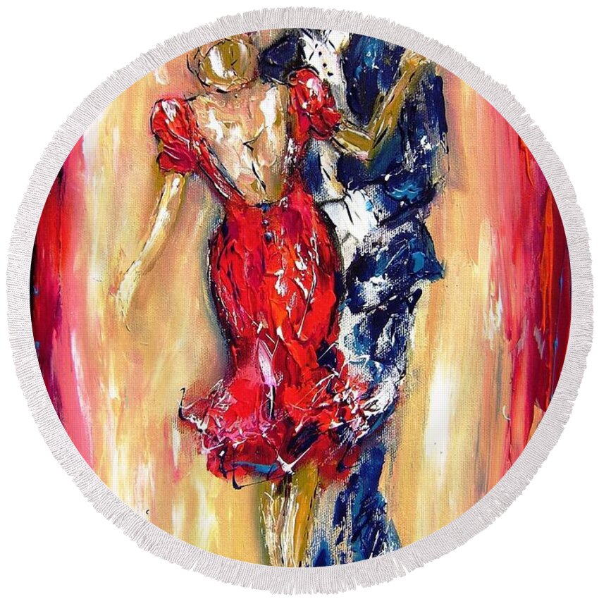 Couple Round Beach Towel featuring the painting Embrace of the dance by Mary Cahalan Lee - aka PIXI