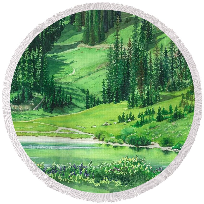 Water Color Trees Round Beach Towel featuring the painting Emerald Lake by Barbara Jewell