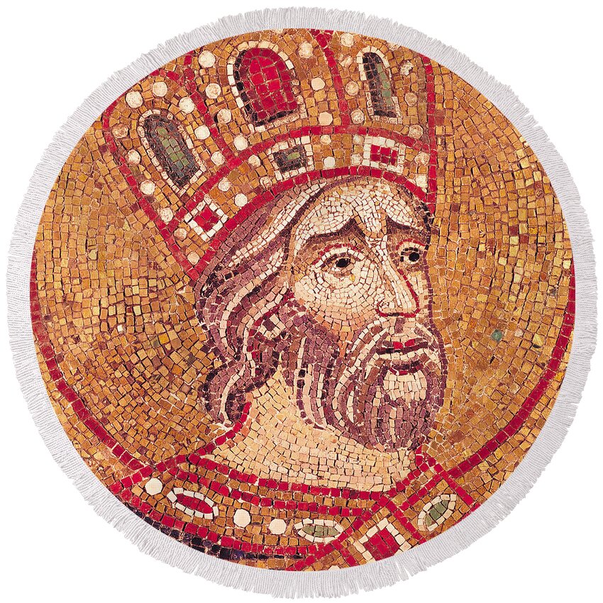 Emperor Constantine I Round Beach Towel featuring the ceramic art Emperor Constantine I by Byzantine School