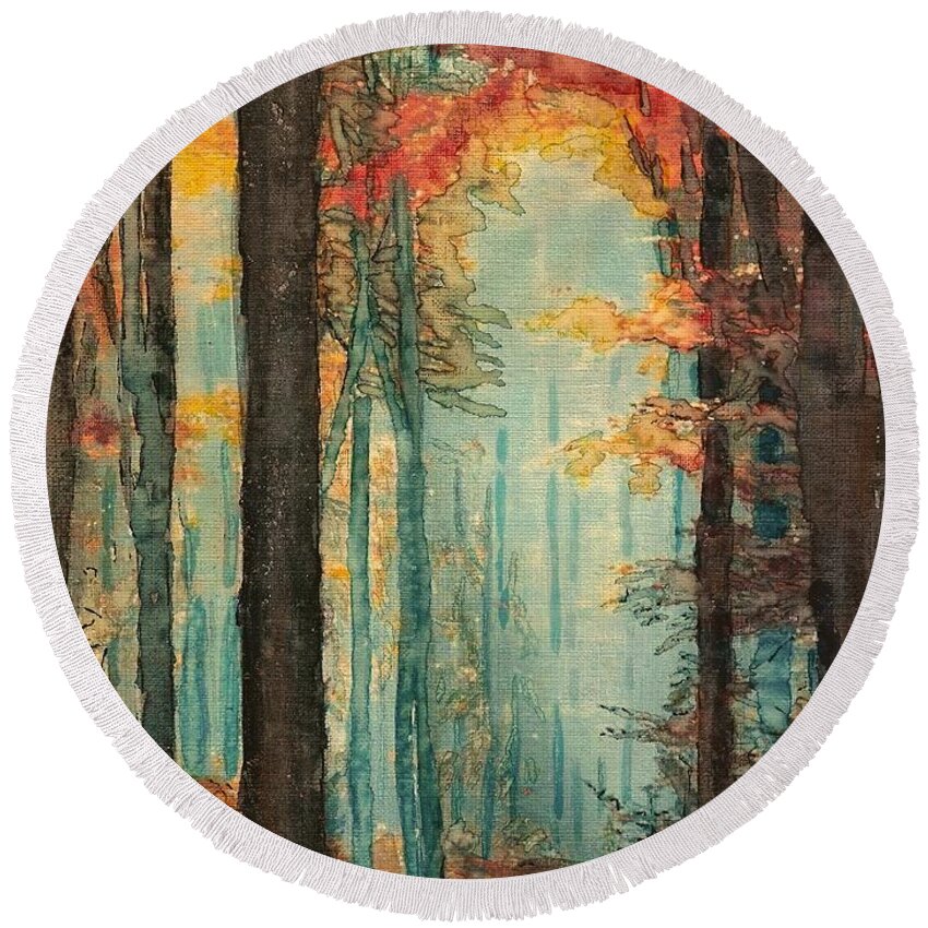 Forest Round Beach Towel featuring the painting Enchanting Forest by Cara Frafjord