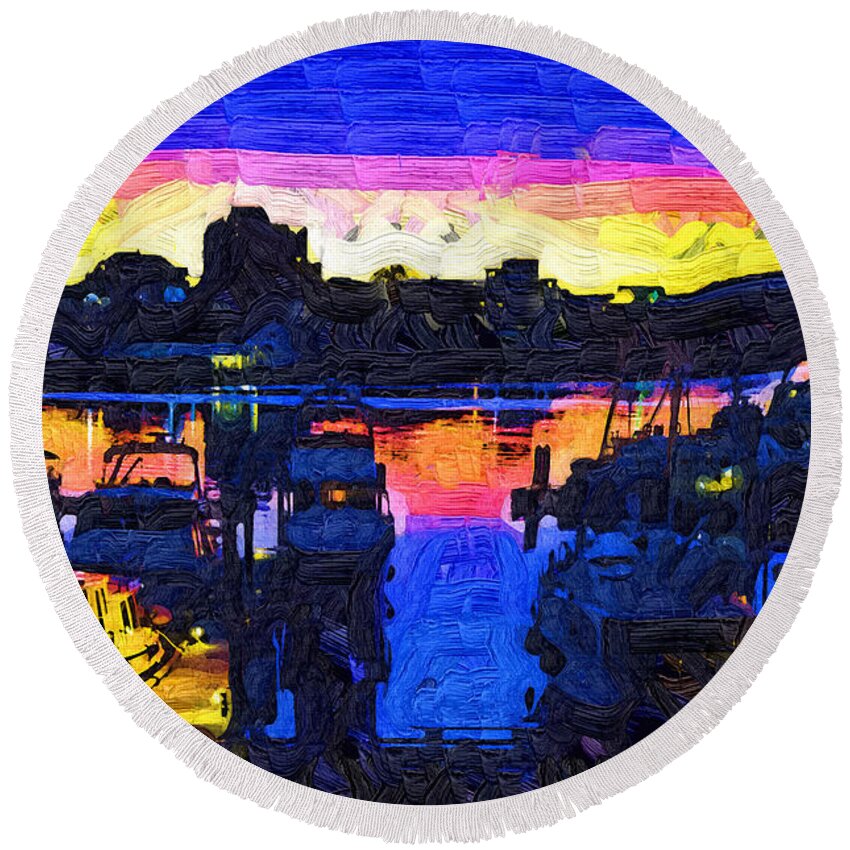 Boats Round Beach Towel featuring the painting The Harbor At Dusk by Kirt Tisdale