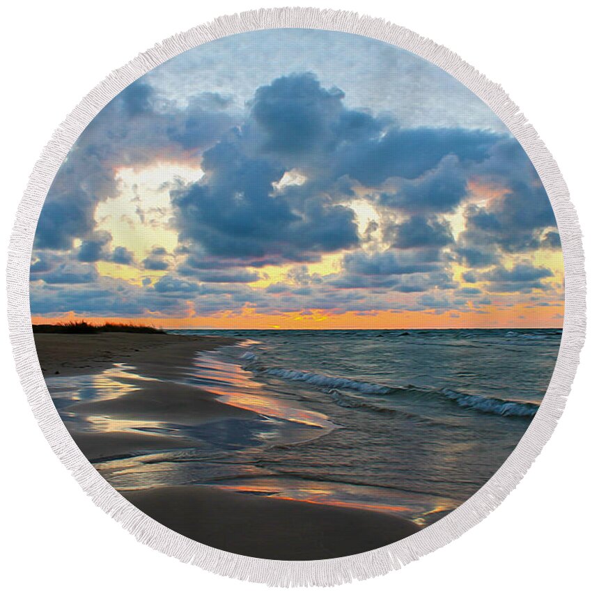 Lake Huron Round Beach Towel featuring the photograph End of Summer Sunset by Nina Silver