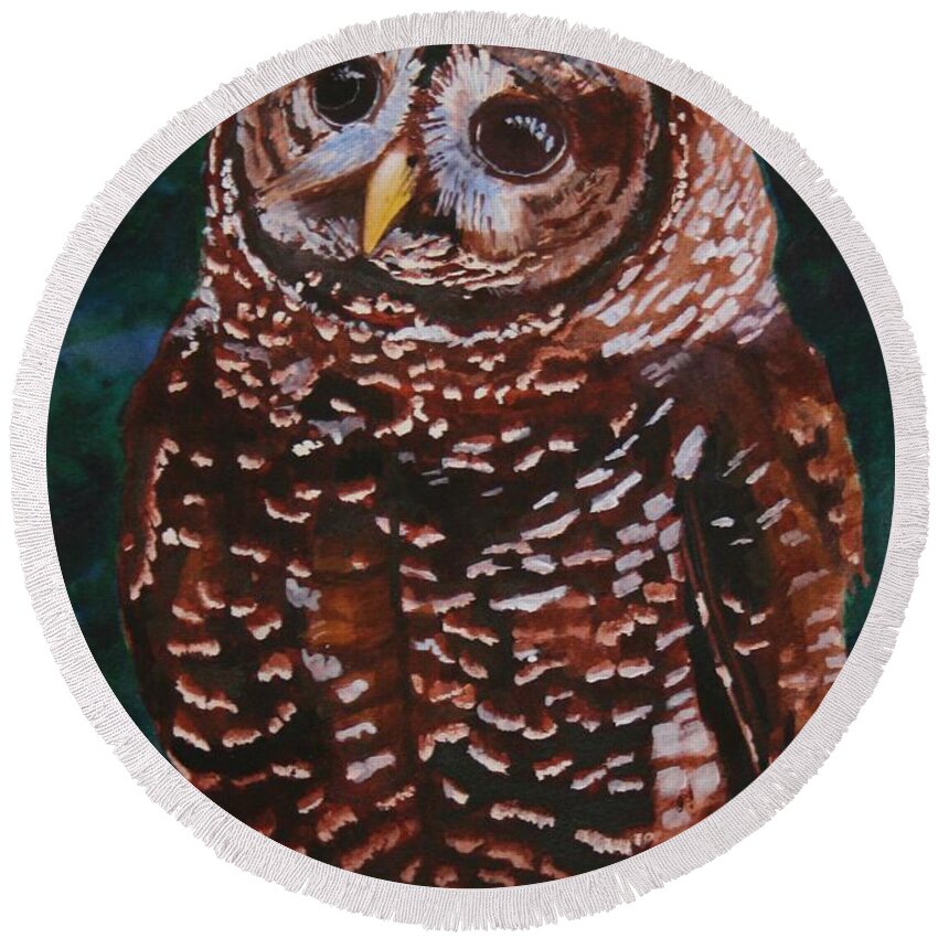 Birds Round Beach Towel featuring the painting Endangered - Spotted Owl by Mike Robles