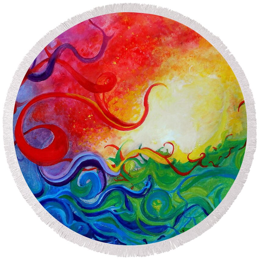 Abstract Round Beach Towel featuring the painting Energy by Silvana Miroslava Albano