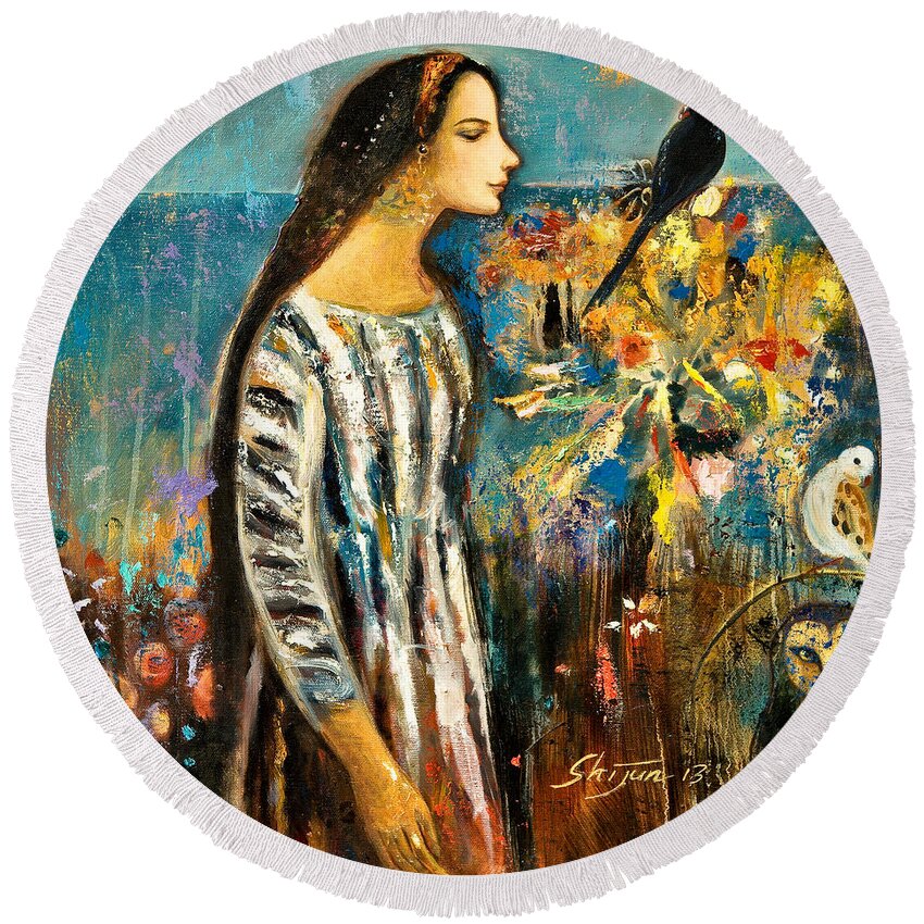 Shijun Round Beach Towel featuring the painting Enlightenment by Shijun Munns