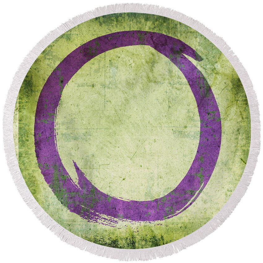 Purple Round Beach Towel featuring the painting Enso No. 108 Purple on Green by Julie Niemela